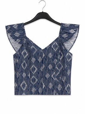 a.n.a Navy Ikat V-Neck Crop Top with Flutter Sleeves
